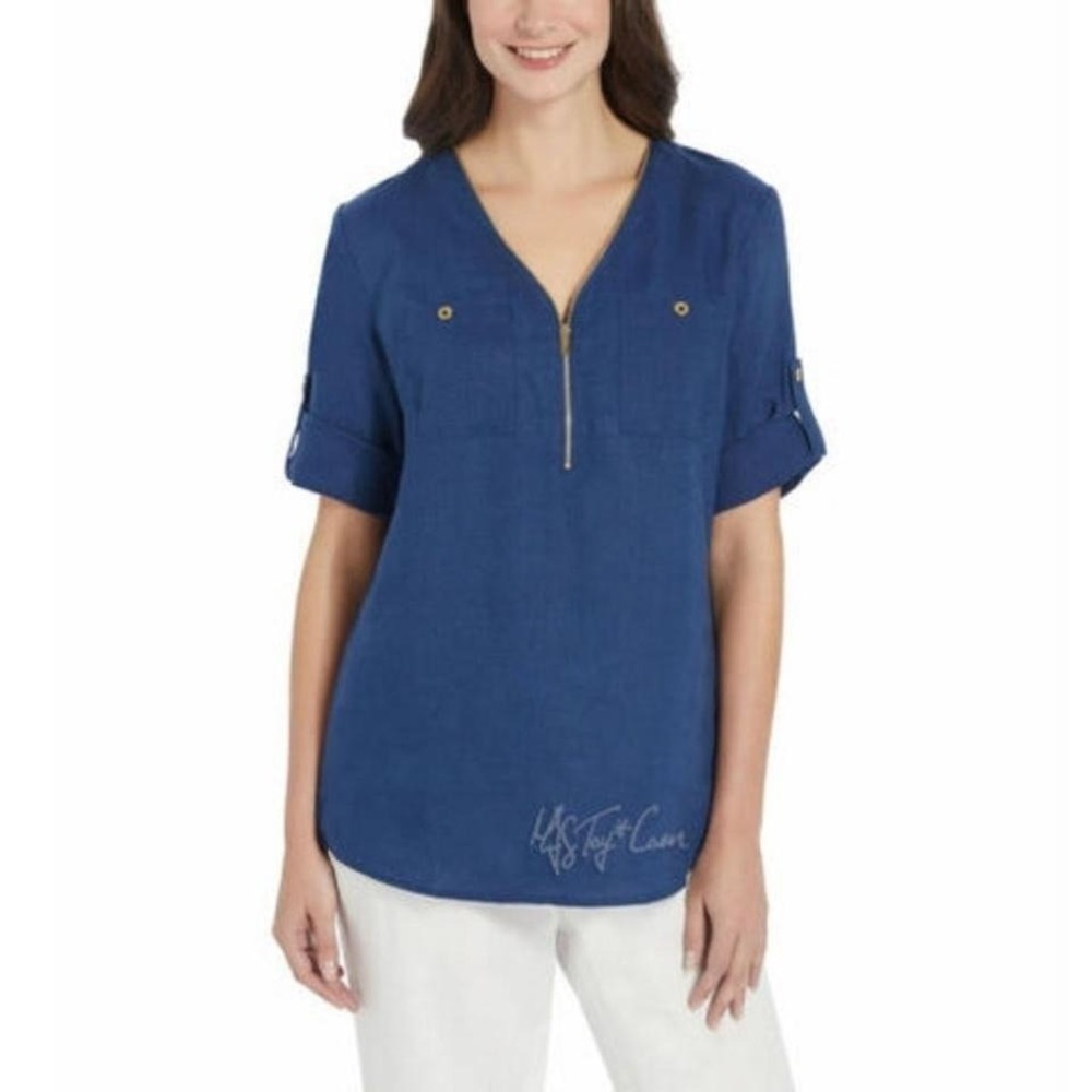 Company Ellen Tracy Indigo Linen Zip Front Roll Tab Sleeve Tunic Top XL